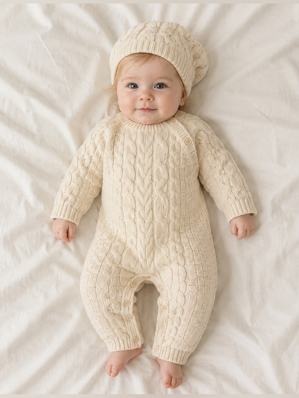 Hope & Henry Baby 100% Organic Cotton Cable Knit Romper Ivory 3-6M